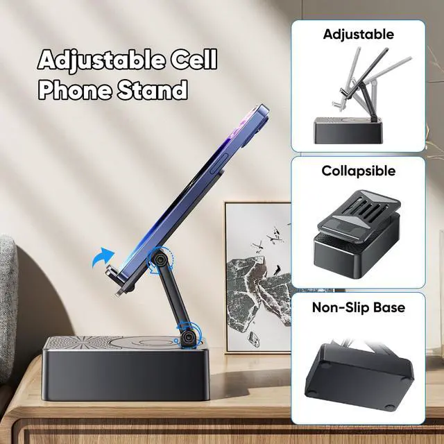Alt view image 7 of 7 - Phone Stand with Speaker with Bluetooth 5.3,Phone Stand with Remote Control & Adjustable Height/Angle,Non-Slip Silicone Base,Portable for Home/Office/Outdoor,Gifts for Men Women Teens Parents