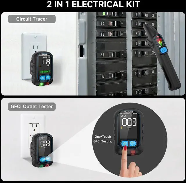Alt view image 2 of 5 - Circuit Breaker Finder Tool with Electrical GFCI Outlet Tester, Electrical Circuit Tracer Kit with LCD Display, Including 3-2 Prong Grounding Adapter, Light Socket Adapter, Clip Adapter, Carrying Case