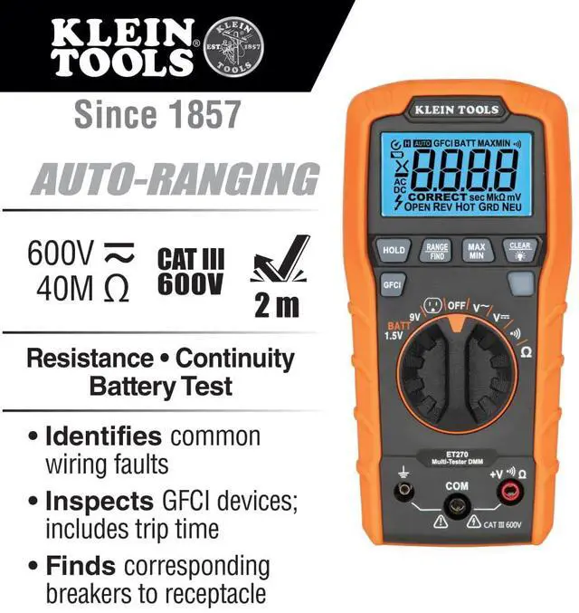 Alt view image 2 of 7 - ET270 Auto-Ranging Digital Multi-Tester, AC/DC, Resistance, Continuity, GFCI Receptacle Tester with Test Leads and Receptacle Cord