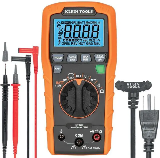 Main image of ET270 Auto-Ranging Digital Multi-Tester, AC/DC, Resistance, Continuity, GFCI Receptacle Tester with Test Leads and Receptacle Cord