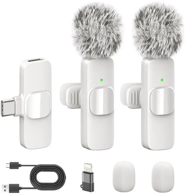 Main image of White Wireless Lavalier Microphone for iPhone & Android - Mini Clip-On Mic with Noise Cancellation 2 Pack Lapel Mic Plug and Play Wireless Mic for Video Recording Interview Podcast Vlog YouTube