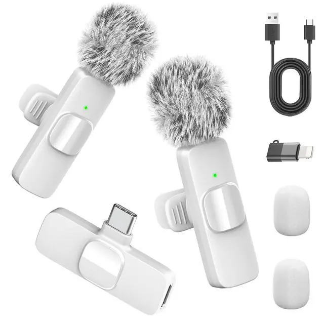 Alt view image 2 of 7 - White Wireless Lavalier Microphone for iPhone & Android - Mini Clip-On Mic with Noise Cancellation 2 Pack Lapel Mic Plug and Play Wireless Mic for Video Recording Interview Podcast Vlog YouTube