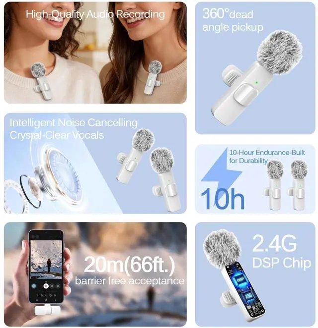 Alt view image 3 of 7 - White Wireless Lavalier Microphone for iPhone & Android - Mini Clip-On Mic with Noise Cancellation 2 Pack Lapel Mic Plug and Play Wireless Mic for Video Recording Interview Podcast Vlog YouTube