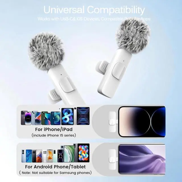 Alt view image 7 of 7 - White Wireless Lavalier Microphone for iPhone & Android - Mini Clip-On Mic with Noise Cancellation 2 Pack Lapel Mic Plug and Play Wireless Mic for Video Recording Interview Podcast Vlog YouTube