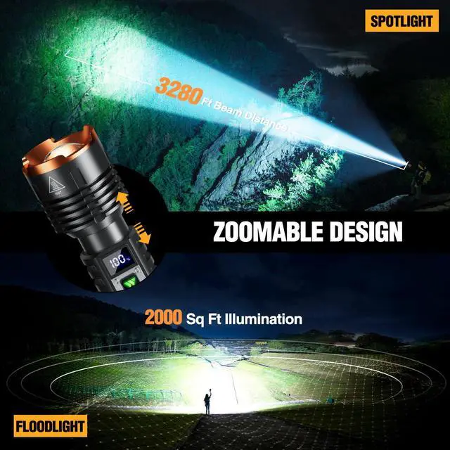 Alt view image 2 of 7 - Rechargeable LED Flashlights High Lumens, Super Bright 90000LM Rechargeable Flashlight with LCD Display, 5 Modes & Waterproof Powerful 10000mAh Handheld Flashlight for Camping Emergency