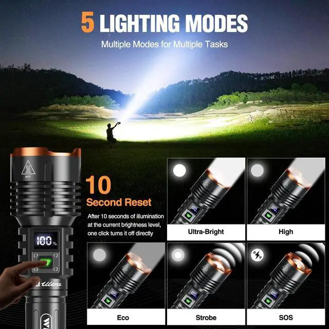 Alt view image 5 of 7 - Rechargeable LED Flashlights High Lumens, Super Bright 90000LM Rechargeable Flashlight with LCD Display, 5 Modes & Waterproof Powerful 10000mAh Handheld Flashlight for Camping Emergency
