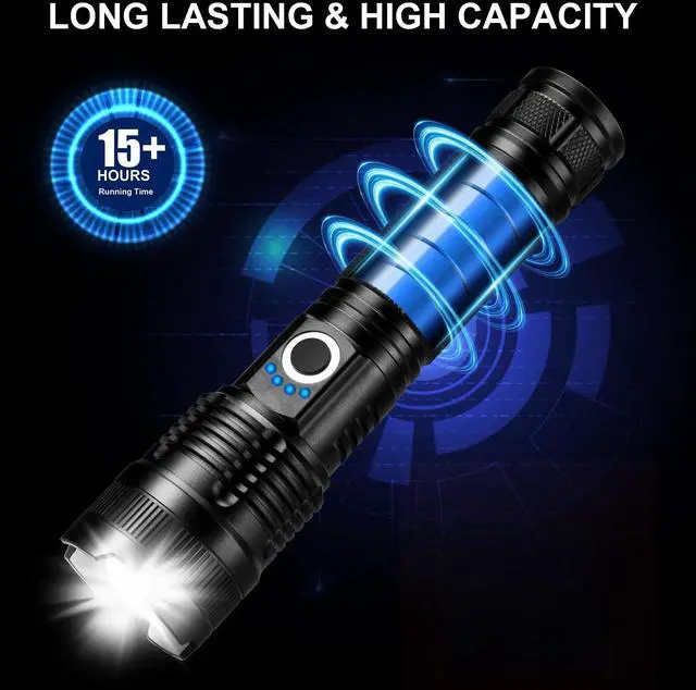 Alt view image 4 of 7 - 3 Pack Rechargeable Flashlights High Lumens, 99000LM Super Bright LED Flashlight, Adjustable Powerful Flash Light with 5 Modes & USB Cable, Waterproof Handheld Flashlight for Home Camping Outdoor