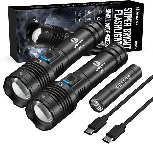 Main image of Rechargeable Flashlights High Lumens 100,000 Single One Mode - 2 Pack, Super Bright Powerful 30W LED, Long Lasting 12 Hours, USB C Input, Handheld 6.81 Length, for Hiking Home Gift