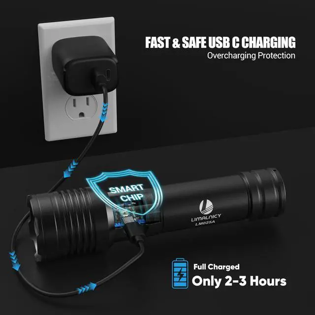 Alt view image 4 of 7 - Rechargeable Flashlights High Lumens 100,000 Single One Mode - 2 Pack, Super Bright Powerful 30W LED, Long Lasting 12 Hours, USB C Input, Handheld 6.81 Length, for Hiking Home Gift