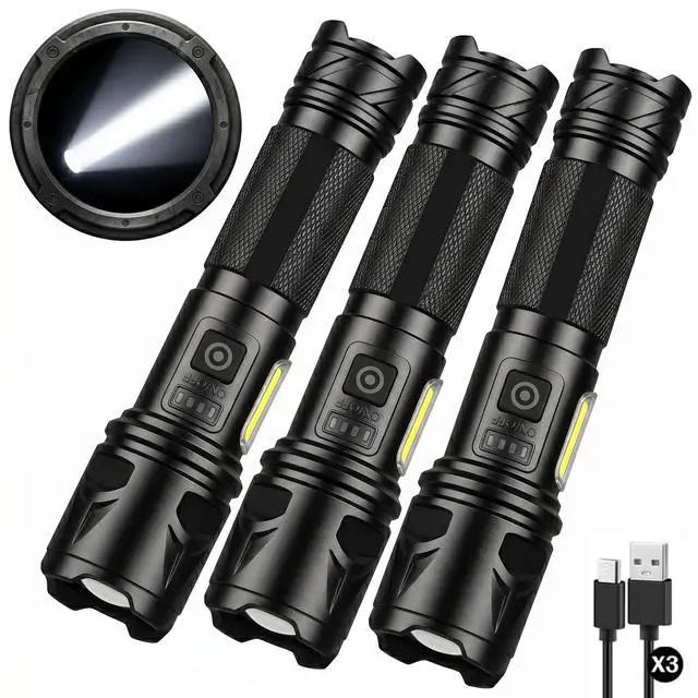 Main image of Rechargeable LED Flashlight 3-Pack, 99,000 High Lumens Super Bright Flashlights for Camping & Emergêncy, 7 Modes & Adjustable Focus with COB Side Light, Powerful Handheld Flashlight for Dog Walking