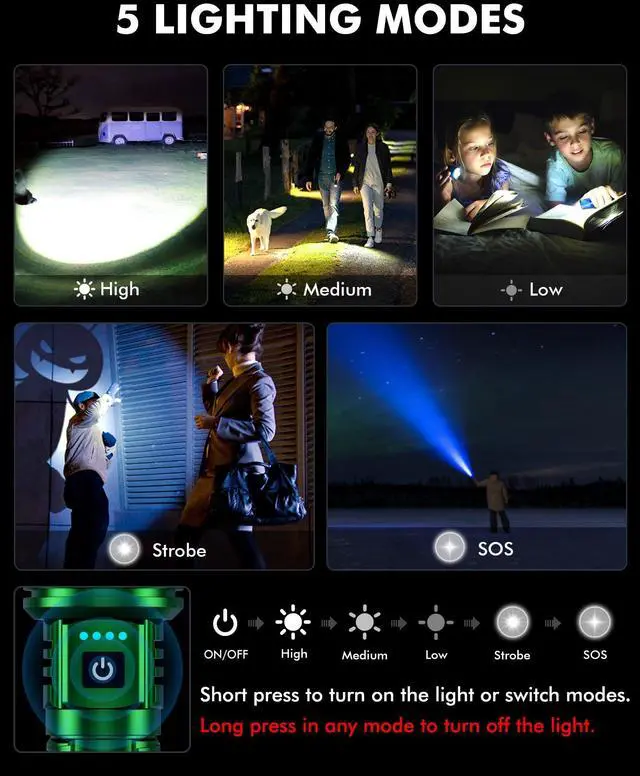 Alt view image 3 of 7 - Rechargeable Flashlight 100,000 High Lumens, Super Bright Flashlights Powered by Battery, Handheld Waterproof Tactical LED Flashlight-Zoomable 5 Modes-31H Runtime for Emergency Camping (Green)
