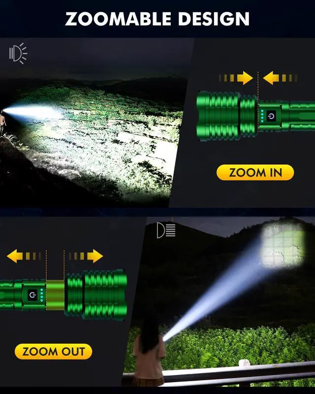 Alt view image 4 of 7 - Rechargeable Flashlight 100,000 High Lumens, Super Bright Flashlights Powered by Battery, Handheld Waterproof Tactical LED Flashlight-Zoomable 5 Modes-31H Runtime for Emergency Camping (Green)