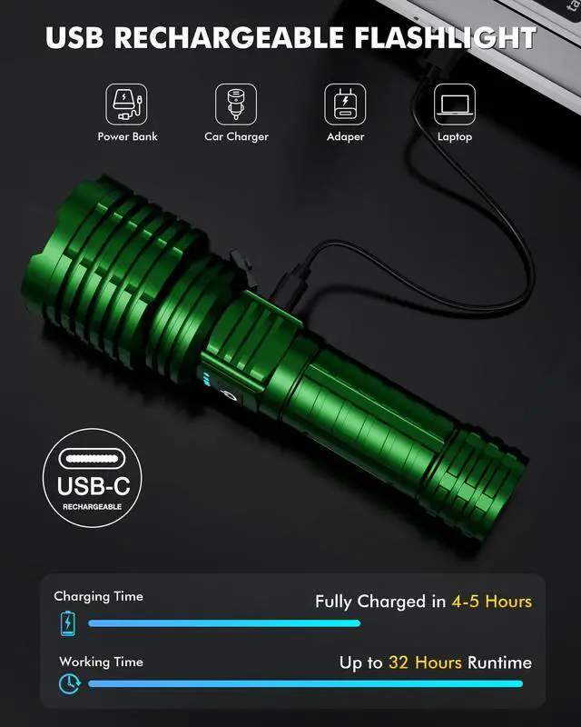 Alt view image 5 of 7 - Rechargeable Flashlight 100,000 High Lumens, Super Bright Flashlights Powered by Battery, Handheld Waterproof Tactical LED Flashlight-Zoomable 5 Modes-31H Runtime for Emergency Camping (Green)