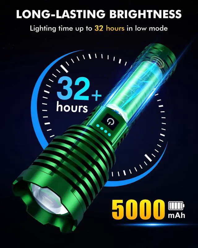 Alt view image 6 of 7 - Rechargeable Flashlight 100,000 High Lumens, Super Bright Flashlights Powered by Battery, Handheld Waterproof Tactical LED Flashlight-Zoomable 5 Modes-31H Runtime for Emergency Camping (Green)