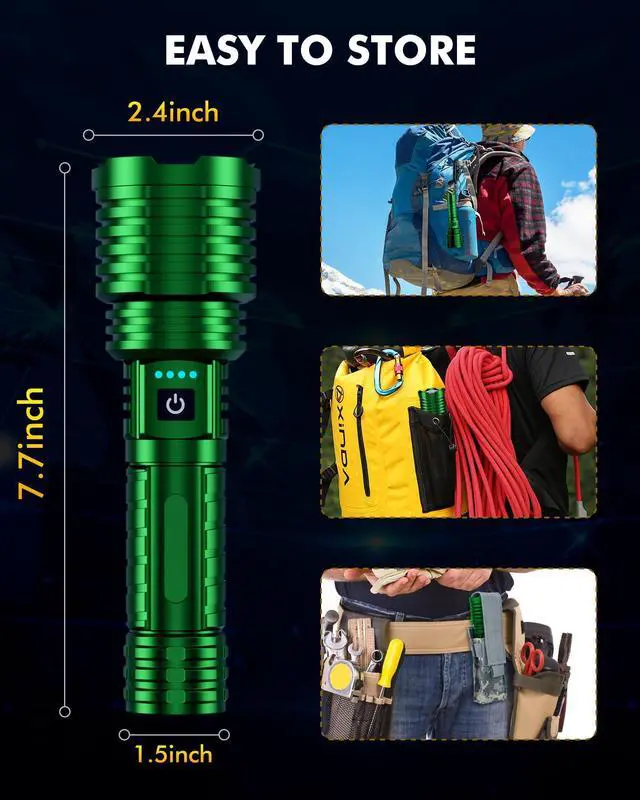 Alt view image 7 of 7 - Rechargeable Flashlight 100,000 High Lumens, Super Bright Flashlights Powered by Battery, Handheld Waterproof Tactical LED Flashlight-Zoomable 5 Modes-31H Runtime for Emergency Camping (Green)