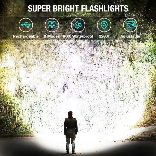 Alt view image 2 of 7 - Rechargeable LED Flashlight, 99,000 High Lumens Bright Flashlight with 8 Modes & COB Side Light, IPX7 Waterproof Handheld Flash Light for Camping Hiking Home Use