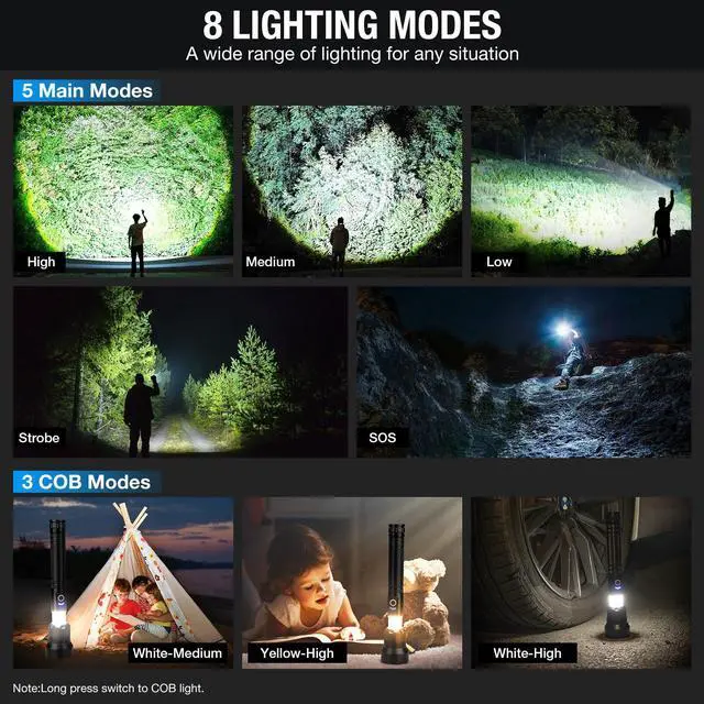 Alt view image 5 of 7 - Rechargeable LED Flashlight, 99,000 High Lumens Bright Flashlight with 8 Modes & COB Side Light, IPX7 Waterproof Handheld Flash Light for Camping Hiking Home Use