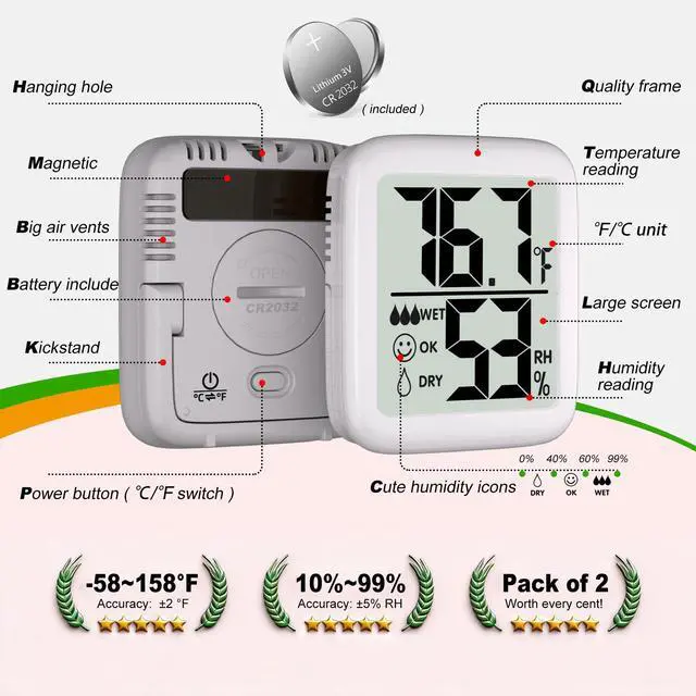 Alt view image 3 of 7 - 2 Pack Room Thermometer for Home, Hygrometer Indoor Humidity Meter Gauge, Digital Temperature and Humidity Monitor Sensor for House, Terrarium, Incubator, Greenhouse - Battery Included