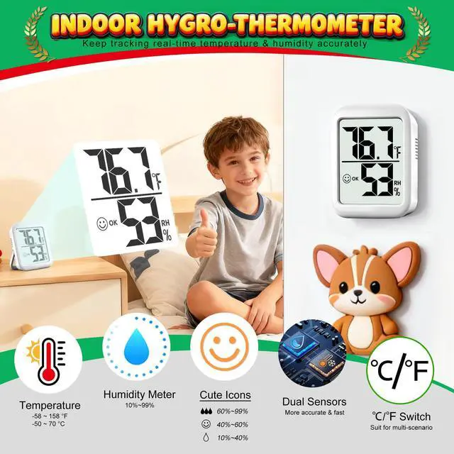 Alt view image 4 of 7 - 2 Pack Room Thermometer for Home, Hygrometer Indoor Humidity Meter Gauge, Digital Temperature and Humidity Monitor Sensor for House, Terrarium, Incubator, Greenhouse - Battery Included