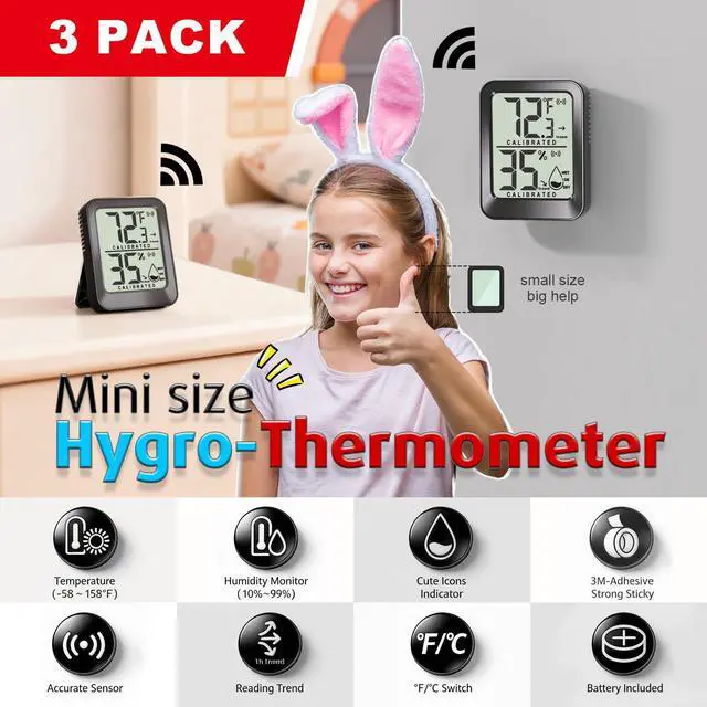 Alt view image 2 of 7 - 3 Pack Room Thermometer Indoor Hygrometer Digital Mini Humidity Meter Gauge with Temperature and Humidity Monitor Sensor for House, Pet, Plant, Incubator - Battery Included