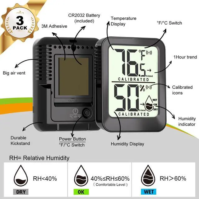 Alt view image 6 of 7 - 3 Pack Room Thermometer Indoor Hygrometer Digital Mini Humidity Meter Gauge with Temperature and Humidity Monitor Sensor for House, Pet, Plant, Incubator - Battery Included
