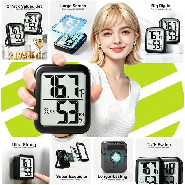 Alt view image 2 of 7 - 2 Pack Room Thermometer for Home, Hygrometer Indoor Humidity Meter Gauge, Digital Temperature and Humidity Monitor Sensor for House, Terrarium, Incubator, Greenhouse - Battery Included