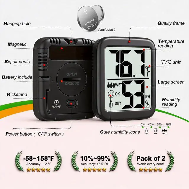 Alt view image 3 of 7 - 2 Pack Room Thermometer for Home, Hygrometer Indoor Humidity Meter Gauge, Digital Temperature and Humidity Monitor Sensor for House, Terrarium, Incubator, Greenhouse - Battery Included