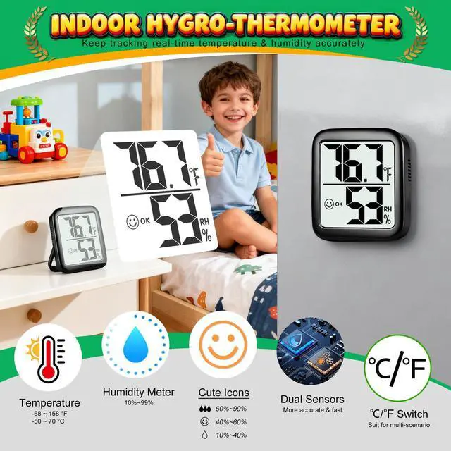 Alt view image 4 of 7 - 2 Pack Room Thermometer for Home, Hygrometer Indoor Humidity Meter Gauge, Digital Temperature and Humidity Monitor Sensor for House, Terrarium, Incubator, Greenhouse - Battery Included