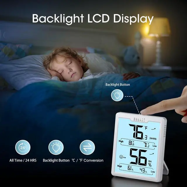 Alt view image 2 of 7 - Digital Hygrometer Room Thermometer Indoor, Humidity Meter with Large LCD Display, Backlight Temperature Humidity Monitor with Max Min Records, White