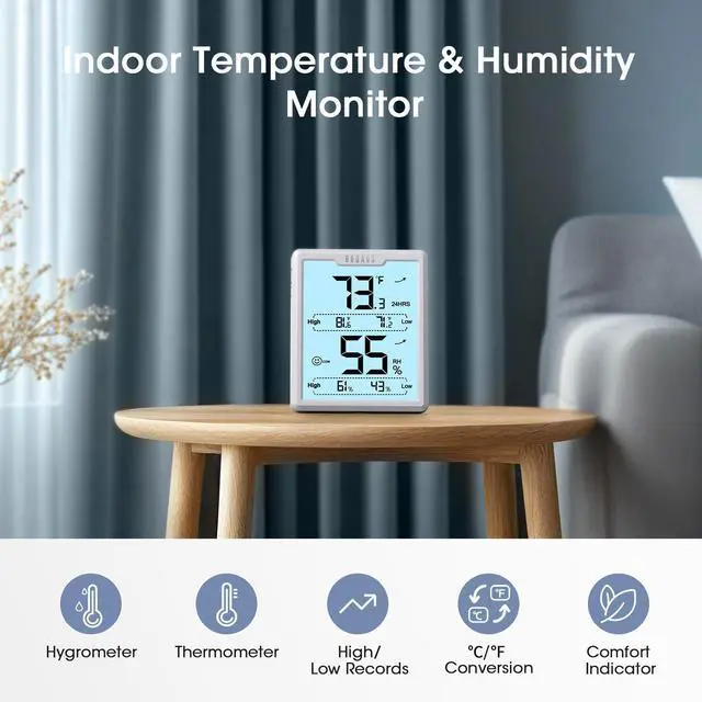 Alt view image 3 of 7 - Digital Hygrometer Room Thermometer Indoor, Humidity Meter with Large LCD Display, Backlight Temperature Humidity Monitor with Max Min Records, White