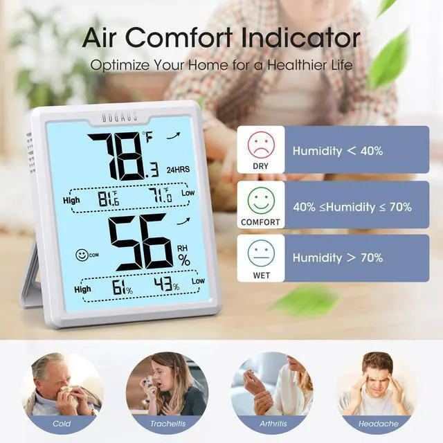 Alt view image 4 of 7 - Digital Hygrometer Room Thermometer Indoor, Humidity Meter with Large LCD Display, Backlight Temperature Humidity Monitor with Max Min Records, White