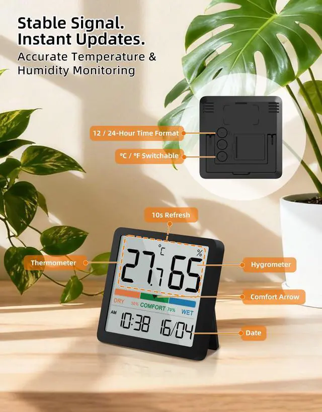 Alt view image 3 of 7 - Indoor Thermometer Hygrometer, Mini Desktop Digital Temperature and Humidity Monitor with Comfort Indicator and Clock, Accurate Room Humidity Gauge for Home, Garage, Greenhouse, Wine Cellar
