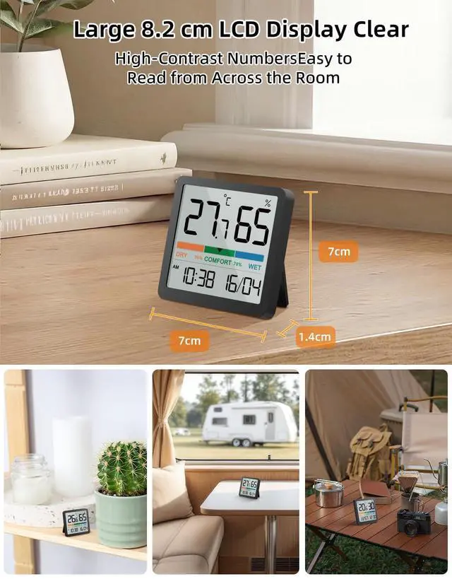 Alt view image 5 of 7 - Indoor Thermometer Hygrometer, Mini Desktop Digital Temperature and Humidity Monitor with Comfort Indicator and Clock, Accurate Room Humidity Gauge for Home, Garage, Greenhouse, Wine Cellar
