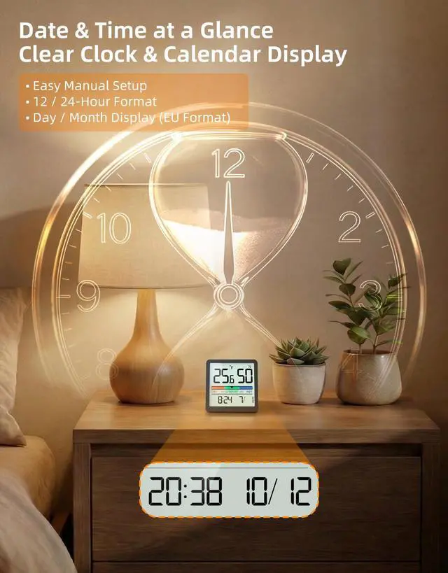 Alt view image 6 of 7 - Indoor Thermometer Hygrometer, Mini Desktop Digital Temperature and Humidity Monitor with Comfort Indicator and Clock, Accurate Room Humidity Gauge for Home, Garage, Greenhouse, Wine Cellar