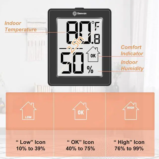 Alt view image 3 of 7 - Digital Hygrometer, 3 Pack Indoor Thermometer Room Temperature Humidity Gauge with Battery,Digital Temperature Humidity Meter Indicator for Home, Office, Greenhouse, Mini Hygrometer,Black