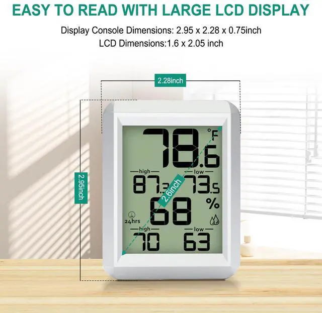 Alt view image 3 of 7 - Indoor Hygrometer Thermometer, Digital Humidity Meter Temperature Gauge with Min/Max, / Switch for Home, Baby Room, Kitchen, Greenhouse