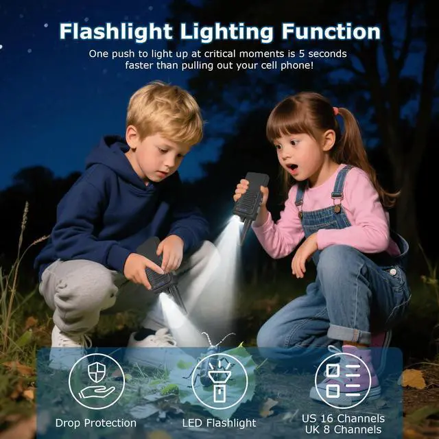 Alt view image 5 of 7 - Kids Walkie Talkies 2 Pack, 2 Miles Range Rechargeable Walkie Talkies for Kids, 16 Channels 2 Way Radio with Flashlight Toys Gifts for Adventures, Camping, Hiking (Black)