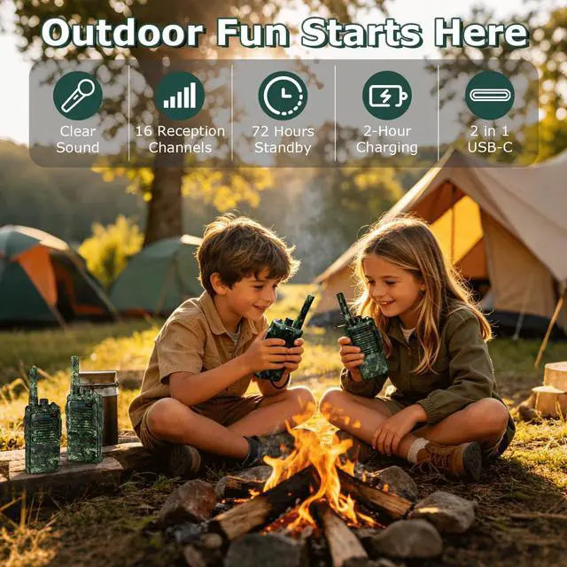 Alt view image 3 of 7 - Kids Walkie Talkies 2 Pack, 2 Miles Range Rechargeable Walkie Talkies for Kids, 16 Channels 2 Way Radio with Flashlight Toys Gifts for Adventures, Camping, Hiking(Camouflage)