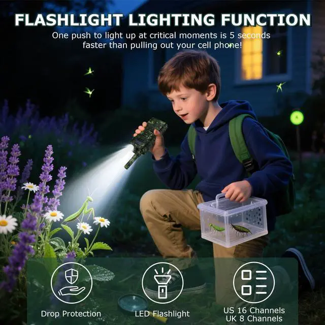 Alt view image 5 of 7 - Kids Walkie Talkies 2 Pack, 2 Miles Range Rechargeable Walkie Talkies for Kids, 16 Channels 2 Way Radio with Flashlight Toys Gifts for Adventures, Camping, Hiking(Camouflage)