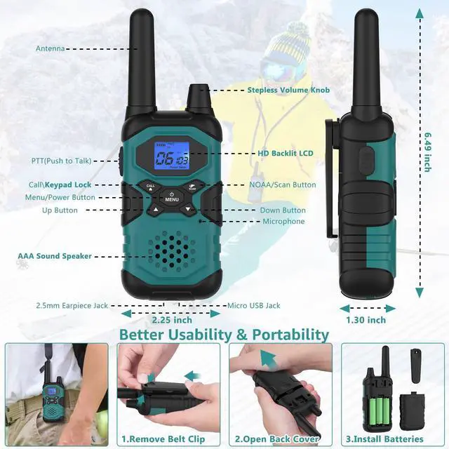Alt view image 2 of 6 - Walkie Talkies for Adults Long Range Rechargeable 6 Pack, Multi-purpose FRS 2 Way Radios with NOAA USB Chargers 4500mAh Battery for Family Seniors Care Garage Work Camping Hiking Skiing Cruise