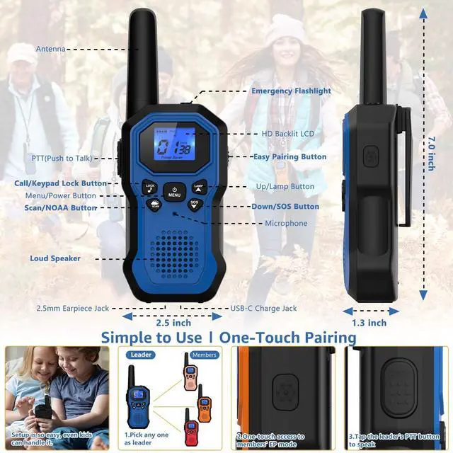 Alt view image 4 of 7 - 2 Way Radios for Adults Long Range Walkie Talkies for Kids Rechargeable 6 Pack, Camping Hiking Skiing Cruising Gear with Lamp, USB-C, SOS Siren, NOAA Alert, iVOX Hands-Free, One-Touch Pairing