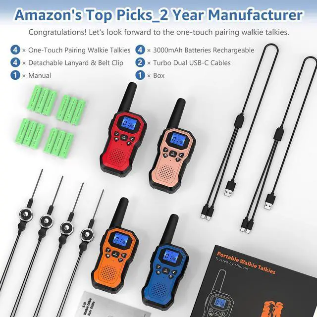 Alt view image 2 of 7 - 2 Way Radios for Adults Long Range Walkie Talkies for Kids Rechargeable 4 Pack, Camping Hiking Skiing Cruising Gear with Lamp, USB-C, SOS Siren, NOAA Alert, iVOX Hands-Free, One-Touch Pairing