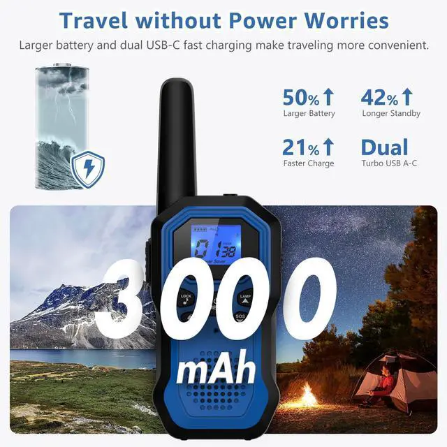 Alt view image 7 of 7 - 2 Way Radios for Adults Long Range Walkie Talkies for Kids Rechargeable 6 Pack, Camping Hiking Skiing Cruising Gear with Lamp, USB-C, SOS Siren, NOAA Alert, iVOX Hands-Free, One-Touch Pairing