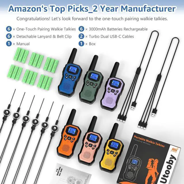Alt view image 2 of 7 - 2 Way Radios for Adults Long Range Walkie Talkies for Kids Rechargeable 6 Pack, Camping Hiking Skiing Cruising Gear with Lamp, USB-C, SOS Siren, NOAA Alert, iVOX Hands-Free, One-Touch Pairing