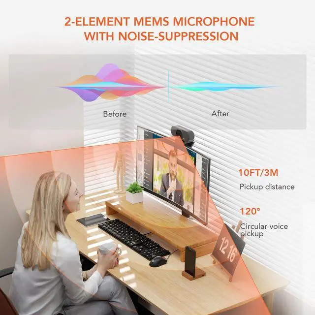 Alt view image 5 of 7 - V15AF 2K Webcam for PC, 1080P 60fps Autofocus HD Webcam with Dual Noise Cancelling Microphone, 75° FOV&Light Correction, USB Web Camera Plug&Play for Zoom/Teams,Grey