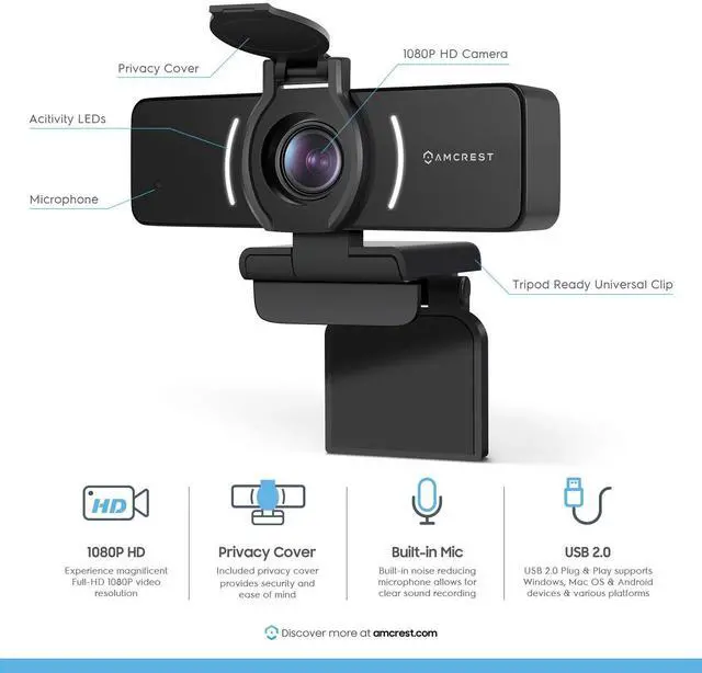 Alt view image 2 of 7 - 1080P Webcam with Microphone & Privacy Cover, Web Cam USB Camera, Computer HD Streaming Webcam for PC Desktop & Laptop w/Mic, Wide Angle Lens & Large Sensor for Superior Low Light (AWC205)