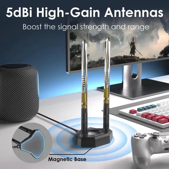 Alt view image 5 of 7 - Tri-Band WiFi Antenna 2.4GHz 5GHz 6GHz 5dBi SMA Male Antenna with Magnetic Base 6.6ft Extension Cable for SMA-Compatible PCIe WiFi 6/6E/7 Network Card Router Desktop PC Bluetooth 5.3