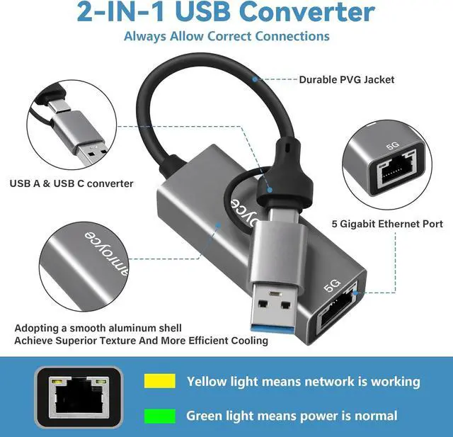 Alt view image 3 of 5 - USB 3.0 to Ethernet Adapter 5G, USB C 3.1 to RJ45 5Gigabit LAN (5000Mbps) Network Internet Adapter Converter, Support 2.5G/1000/100/10Mbps, Plug and Play,for Laptop, MacBook, Windows, MacOS,Linux