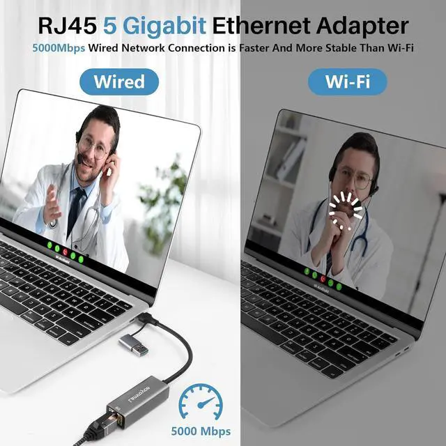 Alt view image 5 of 5 - USB 3.0 to Ethernet Adapter 5G, USB C 3.1 to RJ45 5Gigabit LAN (5000Mbps) Network Internet Adapter Converter, Support 2.5G/1000/100/10Mbps, Plug and Play,for Laptop, MacBook, Windows, MacOS,Linux