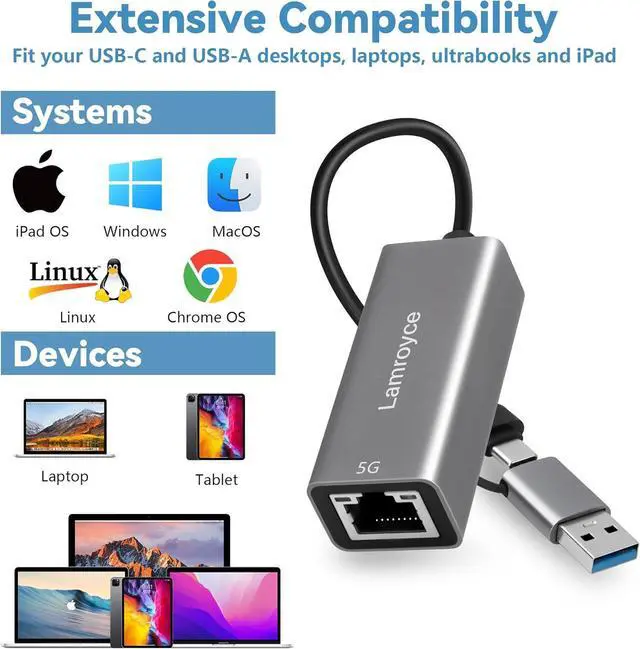 Alt view image 2 of 5 - USB 3.0 to Ethernet Adapter 5G, USB C 3.1 to RJ45 5Gigabit LAN (5000Mbps) Network Internet Adapter Converter, Support 2.5G/1000/100/10Mbps, Plug and Play,for Laptop, MacBook, Windows, MacOS,Linux
